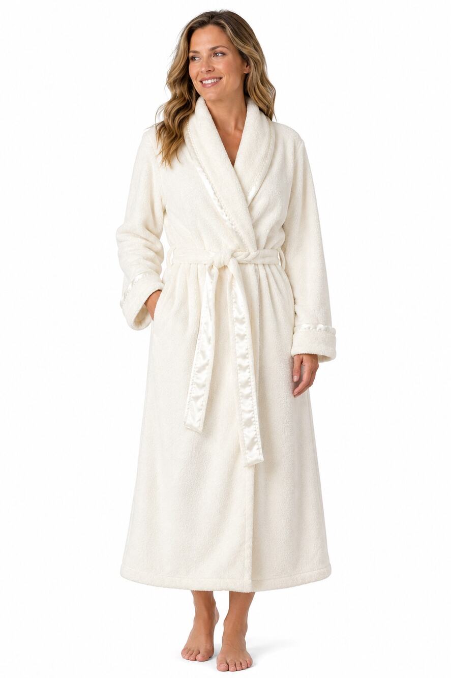 Crabtree & Evelyn White Ivory Plush Fleece Spa Bath Robe Shawl Collar M/L Luxury